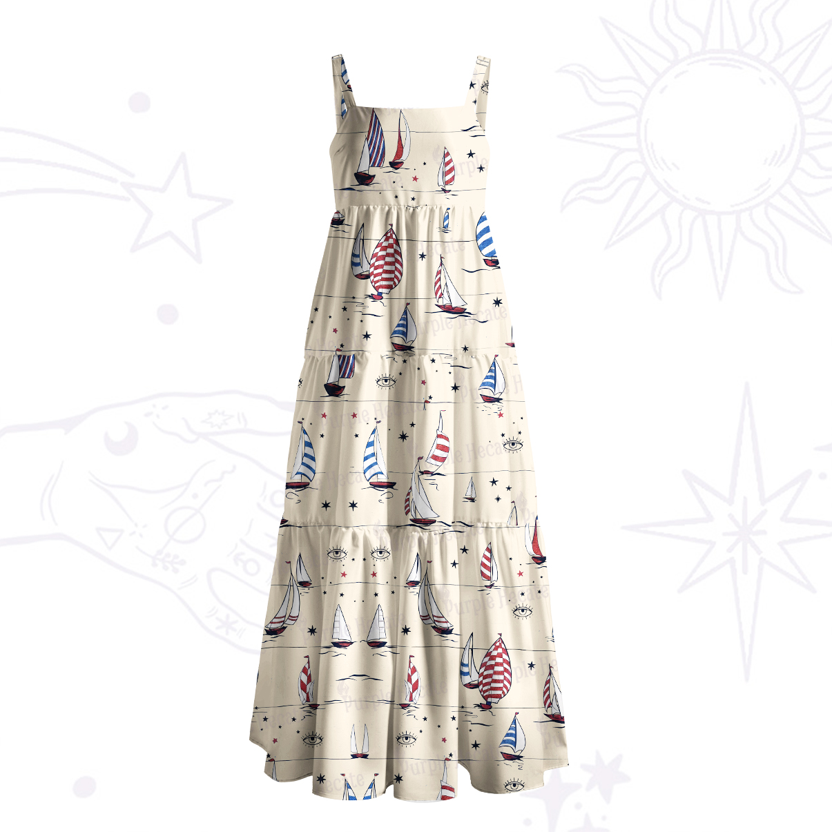 Purplehecate Nautical Sailboat Print Wide Straps Maxi Dress