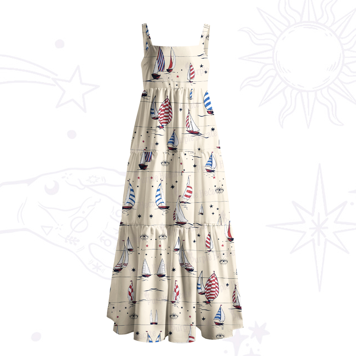 Purplehecate Nautical Sailboat Print Wide Straps Maxi Dress