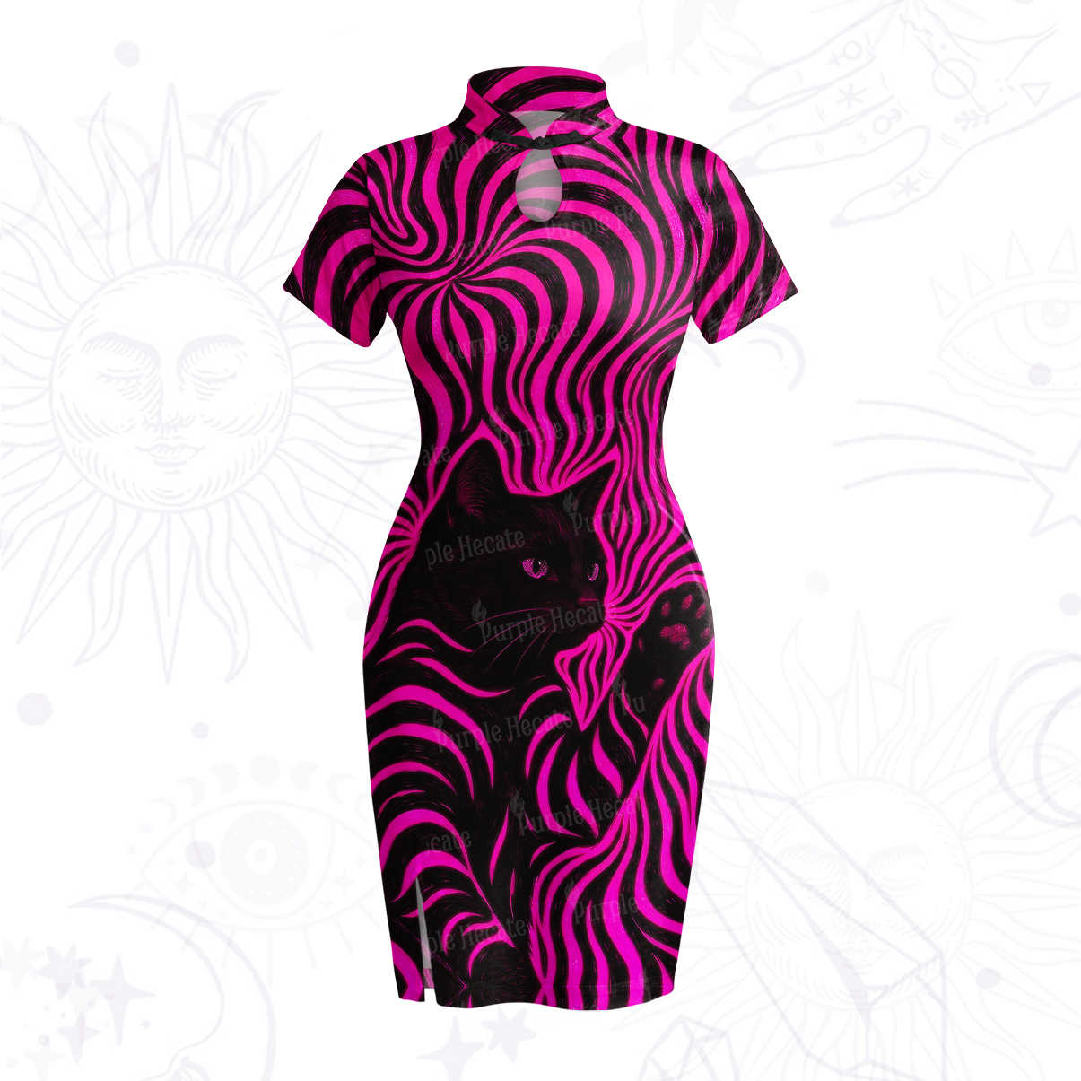 Purplehecate Psychedelic Cat Velvet Bodycon Dress