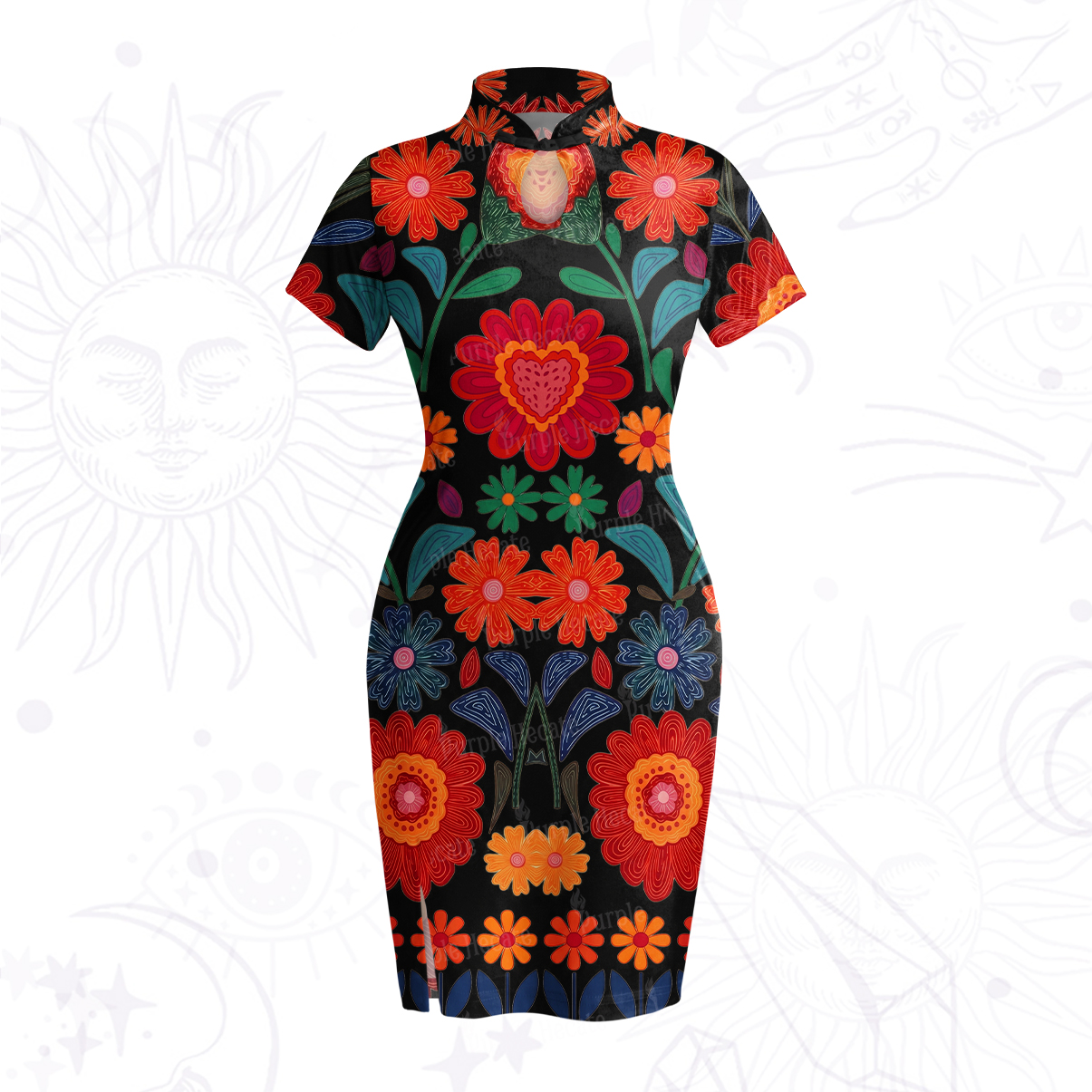 Purplehecate Retro Bloom Folk Floral Velvet Bodycon Dress