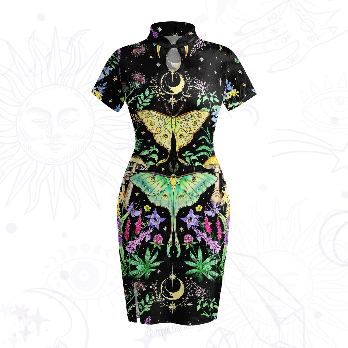 Purplehecate Mystic Lunar Moth Herbal Forest Velvet Bodycon Dress