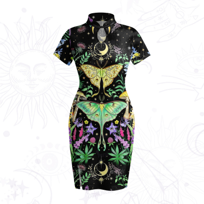 Purplehecate Mystic Lunar Moth Herbal Forest Velvet Bodycon Dress