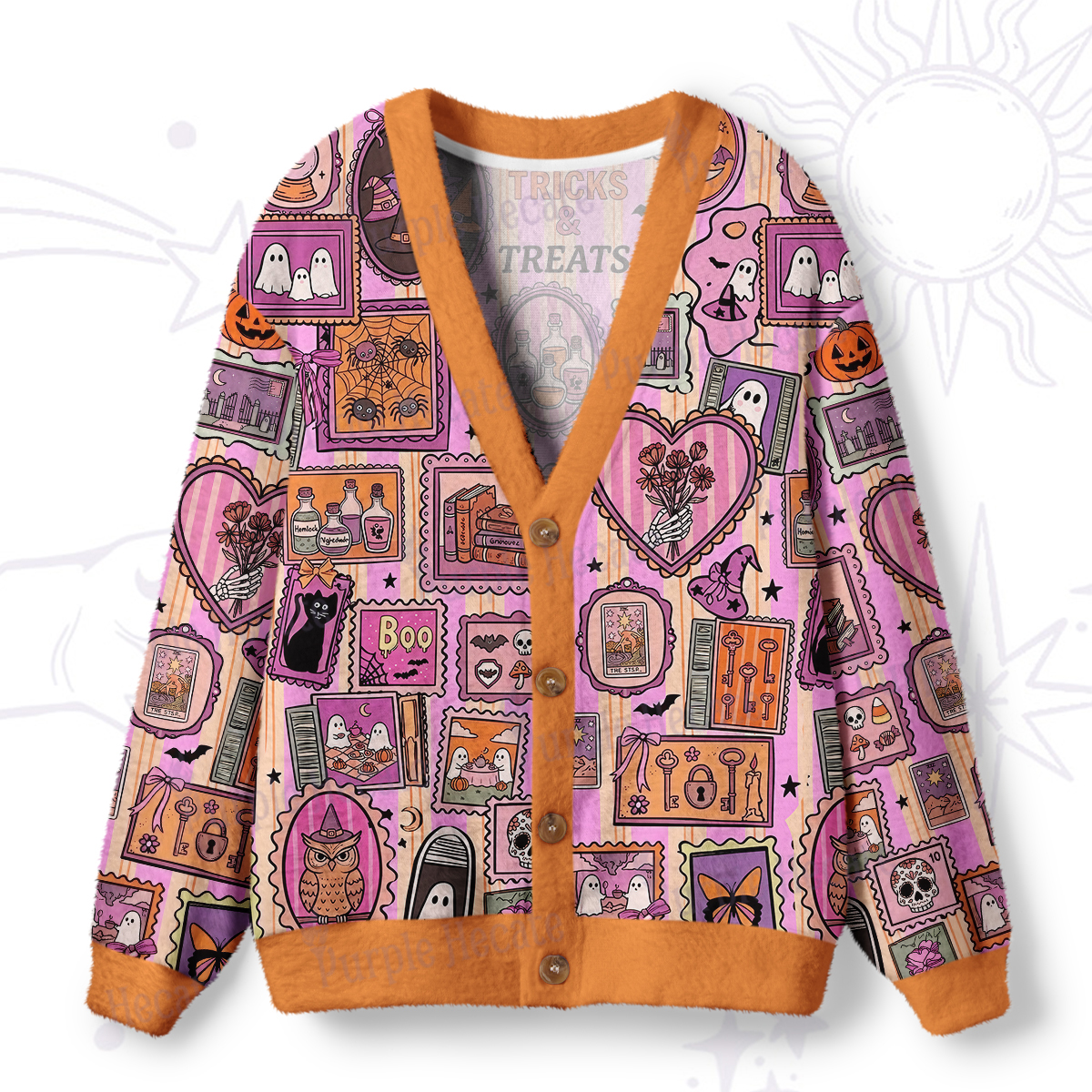 Purplehecate Halloween Doodle Print Ugly Cardigan Sweaters