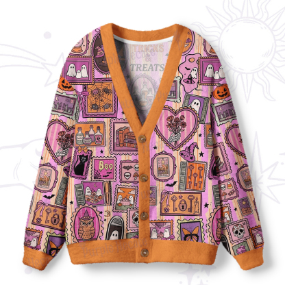 Purplehecate Halloween Doodle Print Ugly Cardigan Sweaters