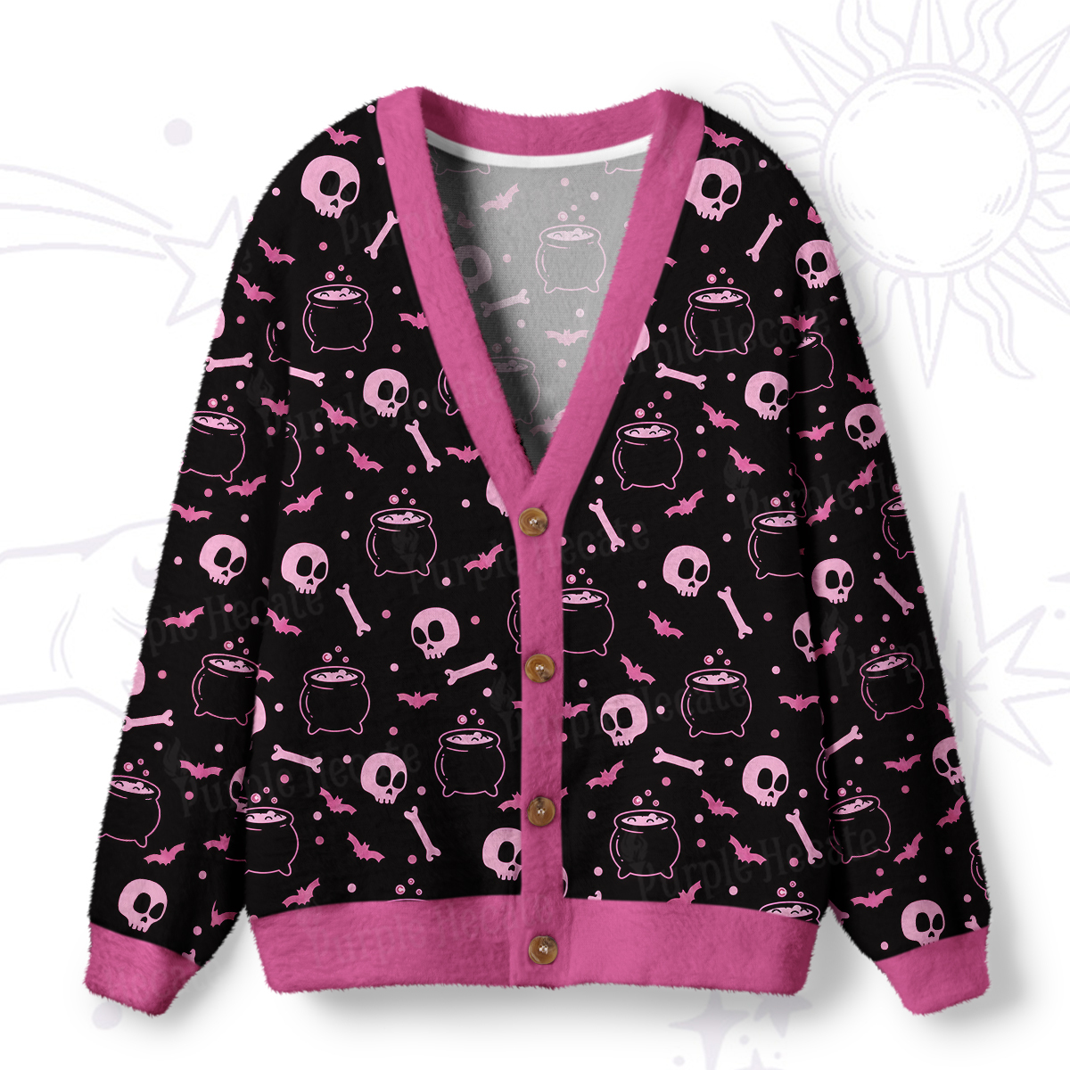 Purplehecate Spooky Skulls and Cauldrons Knit Ugly Cardigan Sweaters