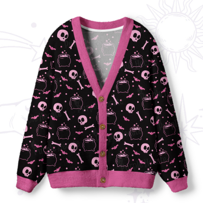 Purplehecate Spooky Skulls and Cauldrons Knit Ugly Cardigan Sweaters