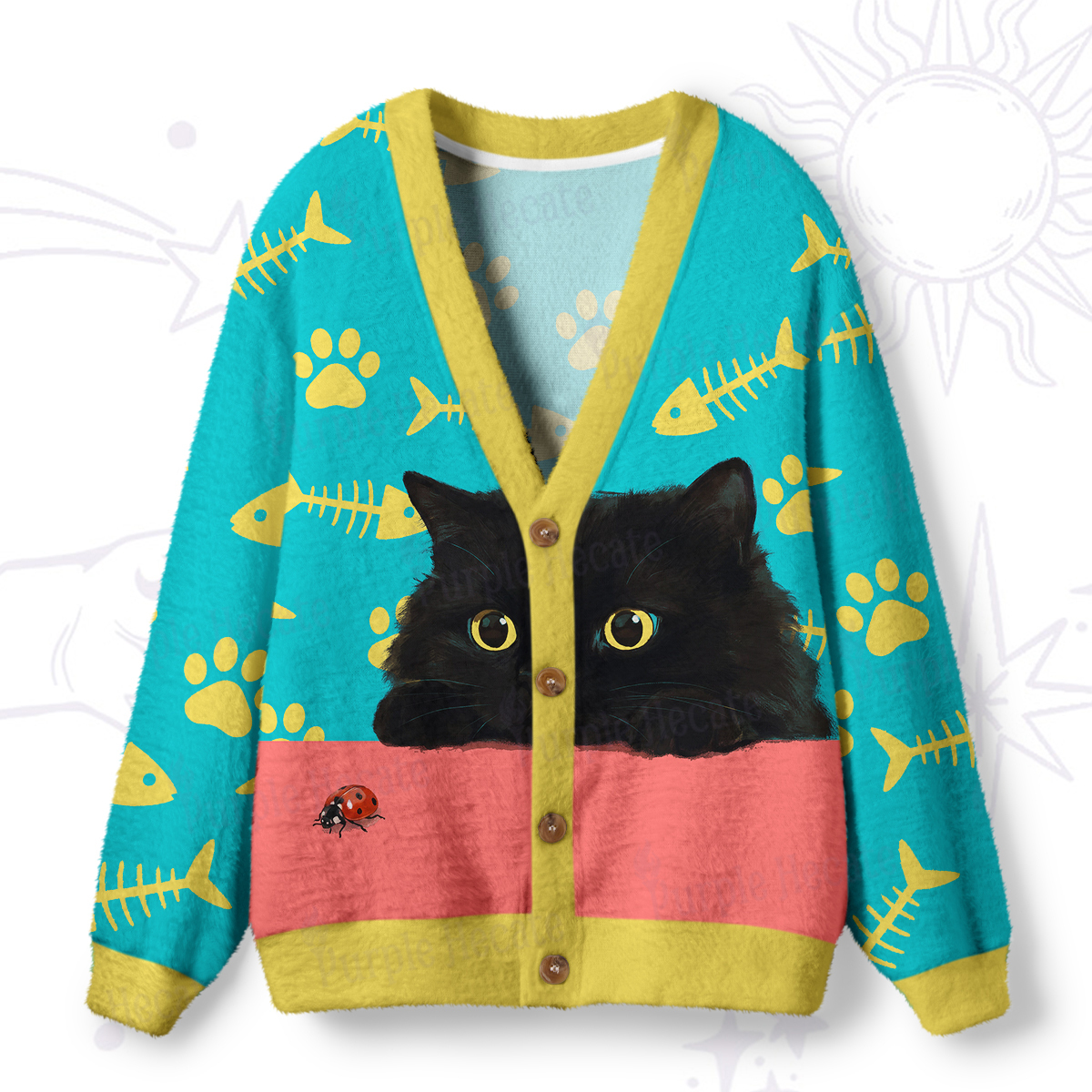 Purplehecate Peekaboo Fishbone Black Cat Ugly Cardigan Sweaters