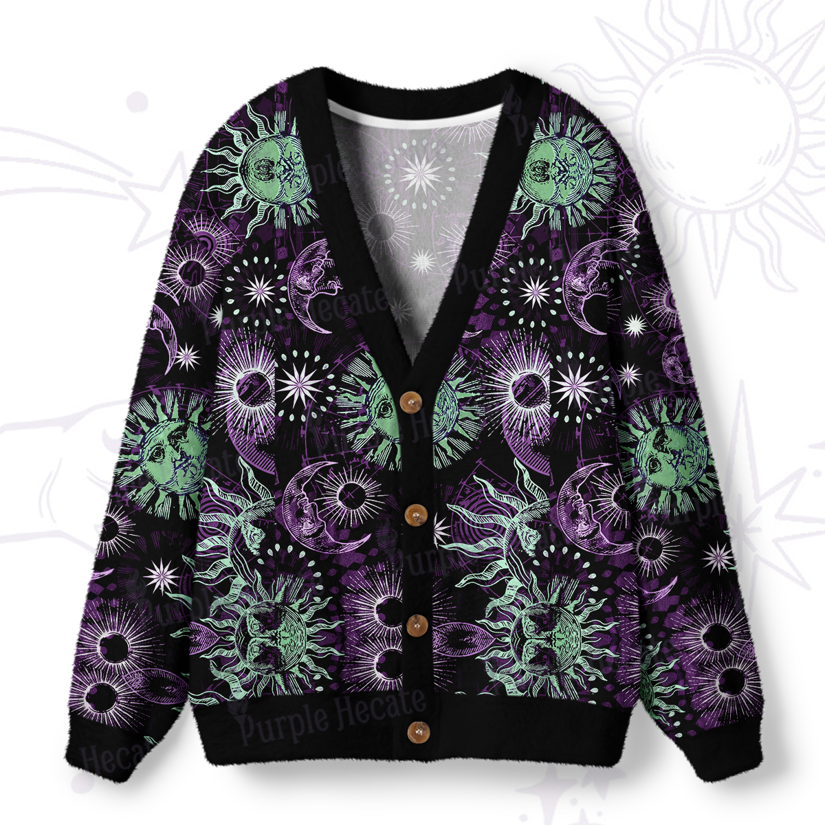 Purplehecate Starbound Celestial Sun & Moon Ugly Cardigan Sweaters
