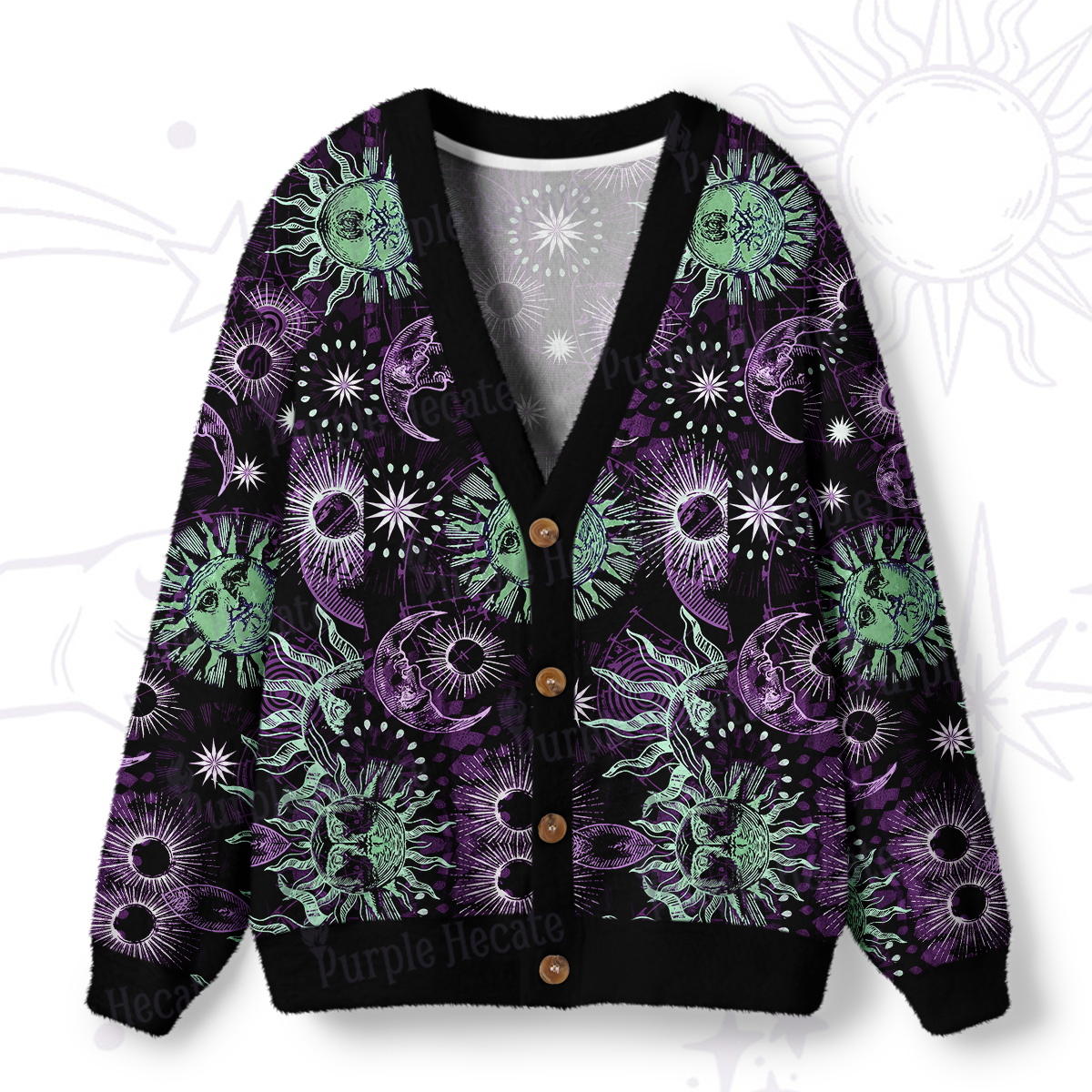 Purplehecate Starbound Celestial Sun & Moon Ugly Cardigan Sweaters