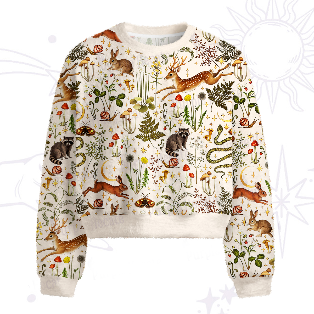 Purplehecate Enchanted Forest Animals Fuzzy Crewneck Sweater