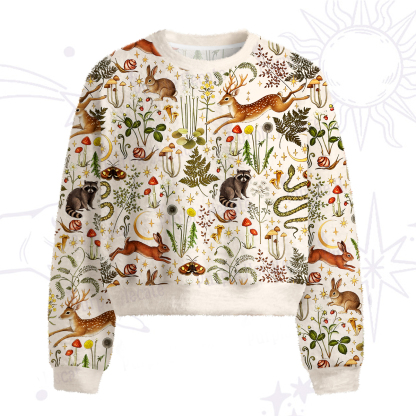 Purplehecate Enchanted Forest Animals Fuzzy Crewneck Sweater
