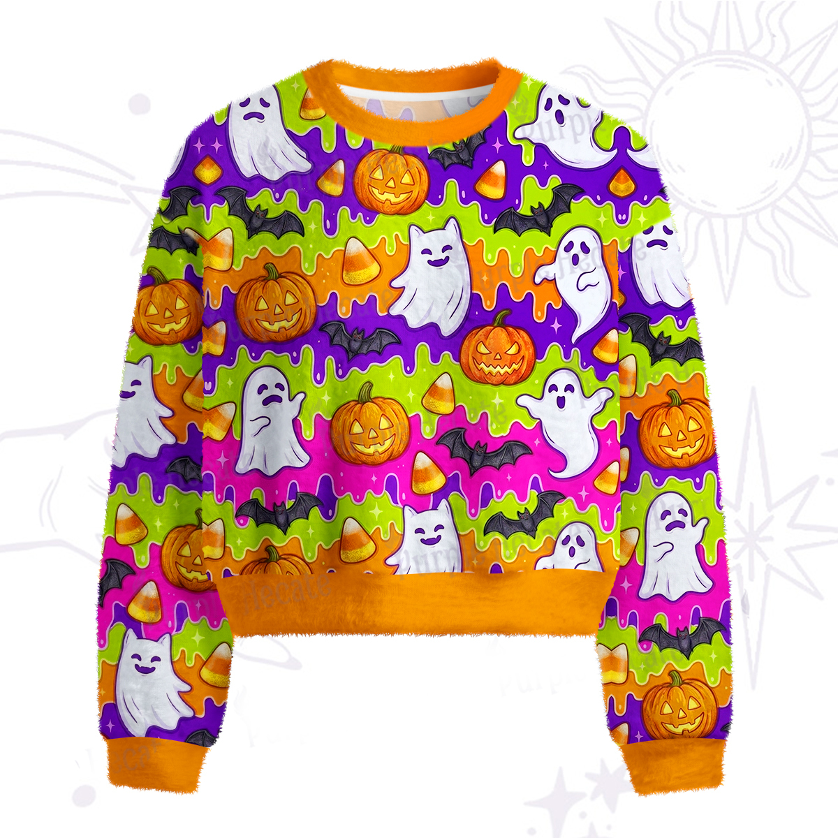Purplehecate Halloween Ghost Jack‑o'-Lantern Fuzzy Crewneck Sweater
