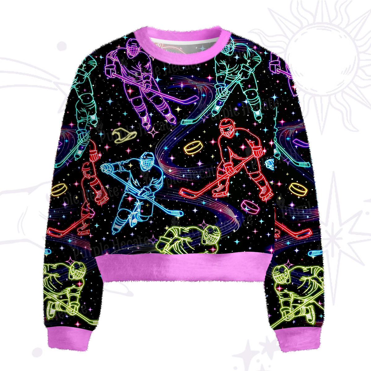 Purplehecate Neon Night Hockey Fuzzy Crewneck Sweater