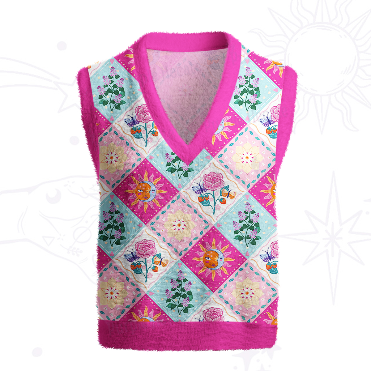 Purplehecate Celestial Sun & Moon Patchwork Ugly Sweater Vest