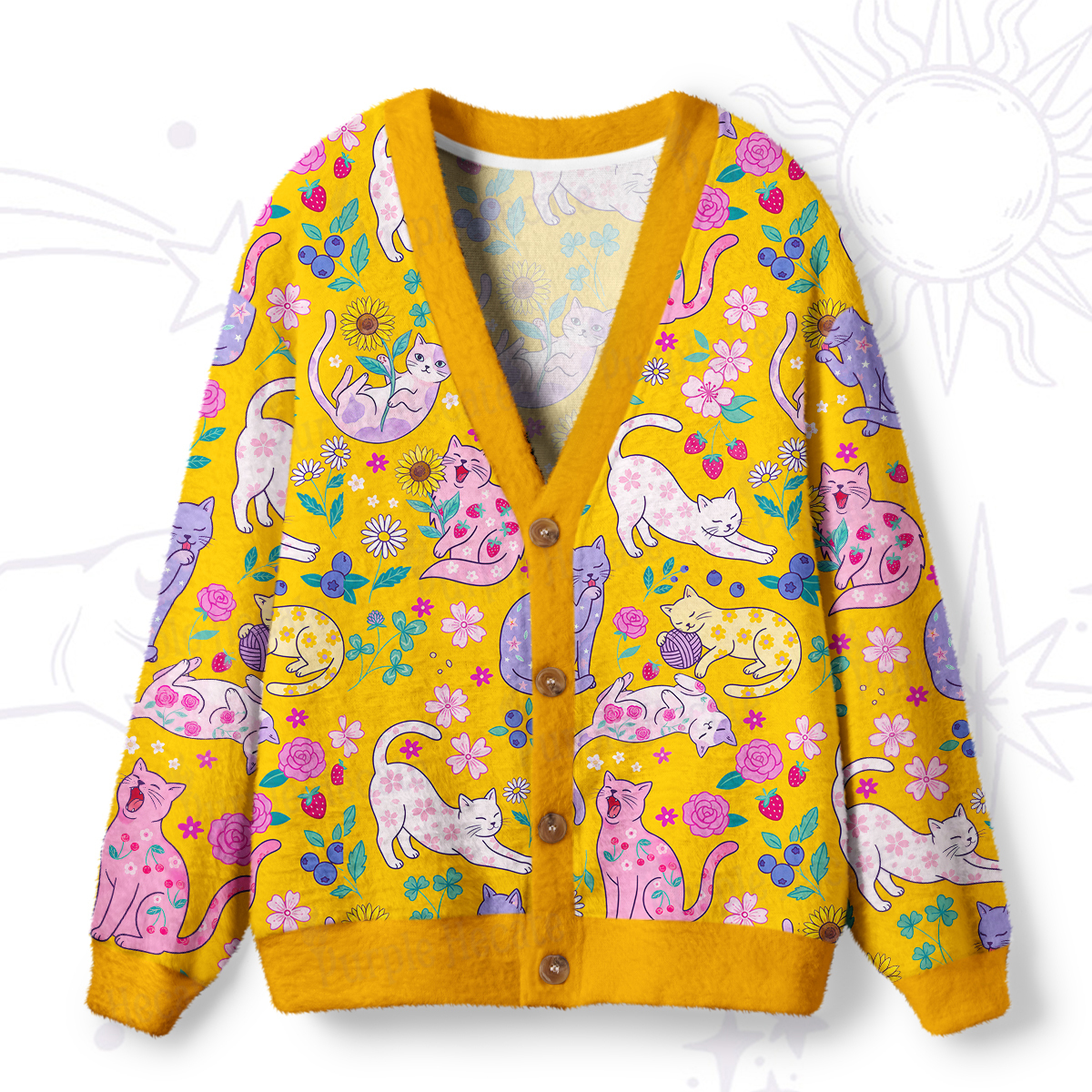 Purplehecate Lazy Day Garden Cats Ugly Cardigan Sweaters