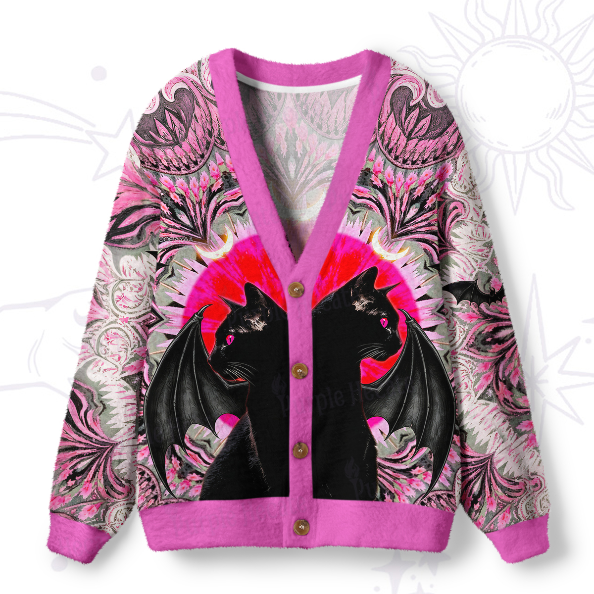 Purplehecate Blood Moon Twin Demon Black Cats Ugly Cardigan Sweaters