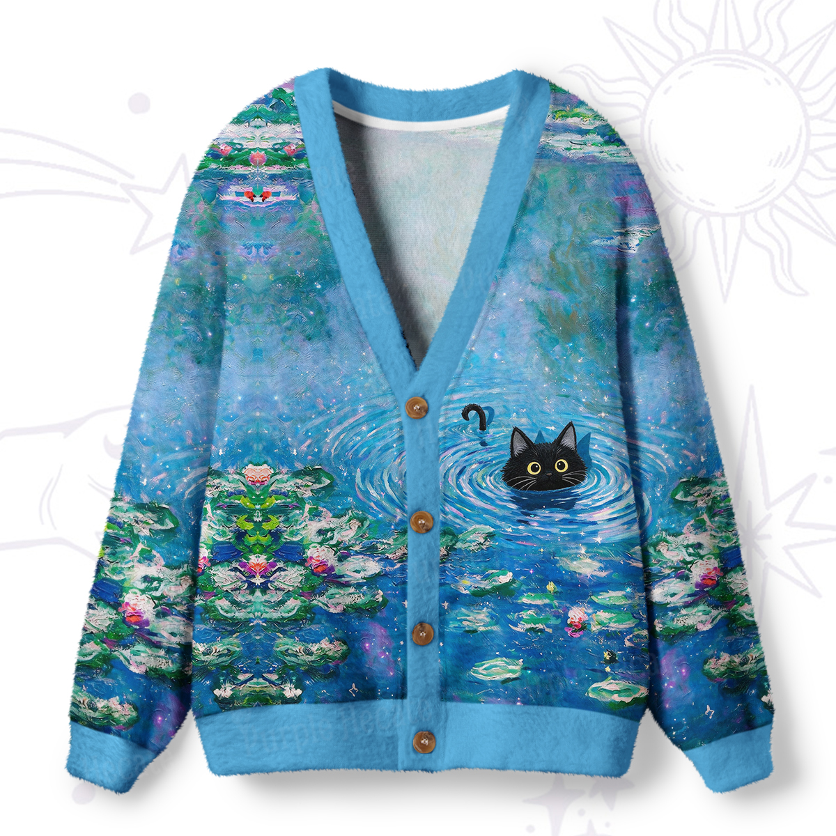 Purplehecate Black Cat in the Water Lilies Ugly Cardigan Sweaters