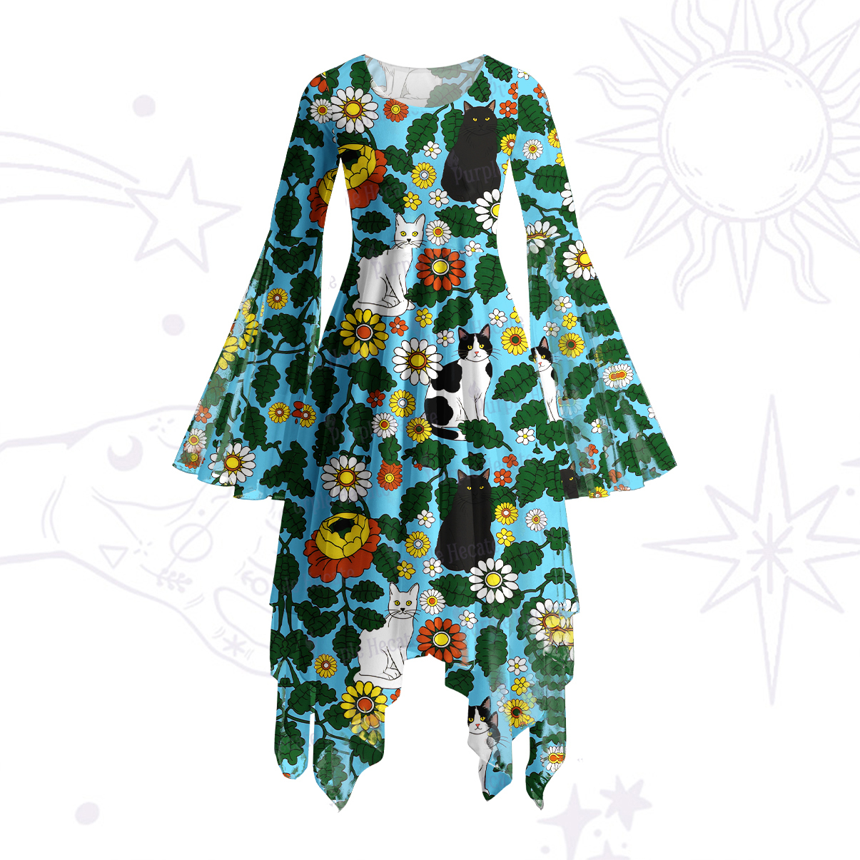 Purplehecate Daisy Cat Garden Bell Sleeve Dress