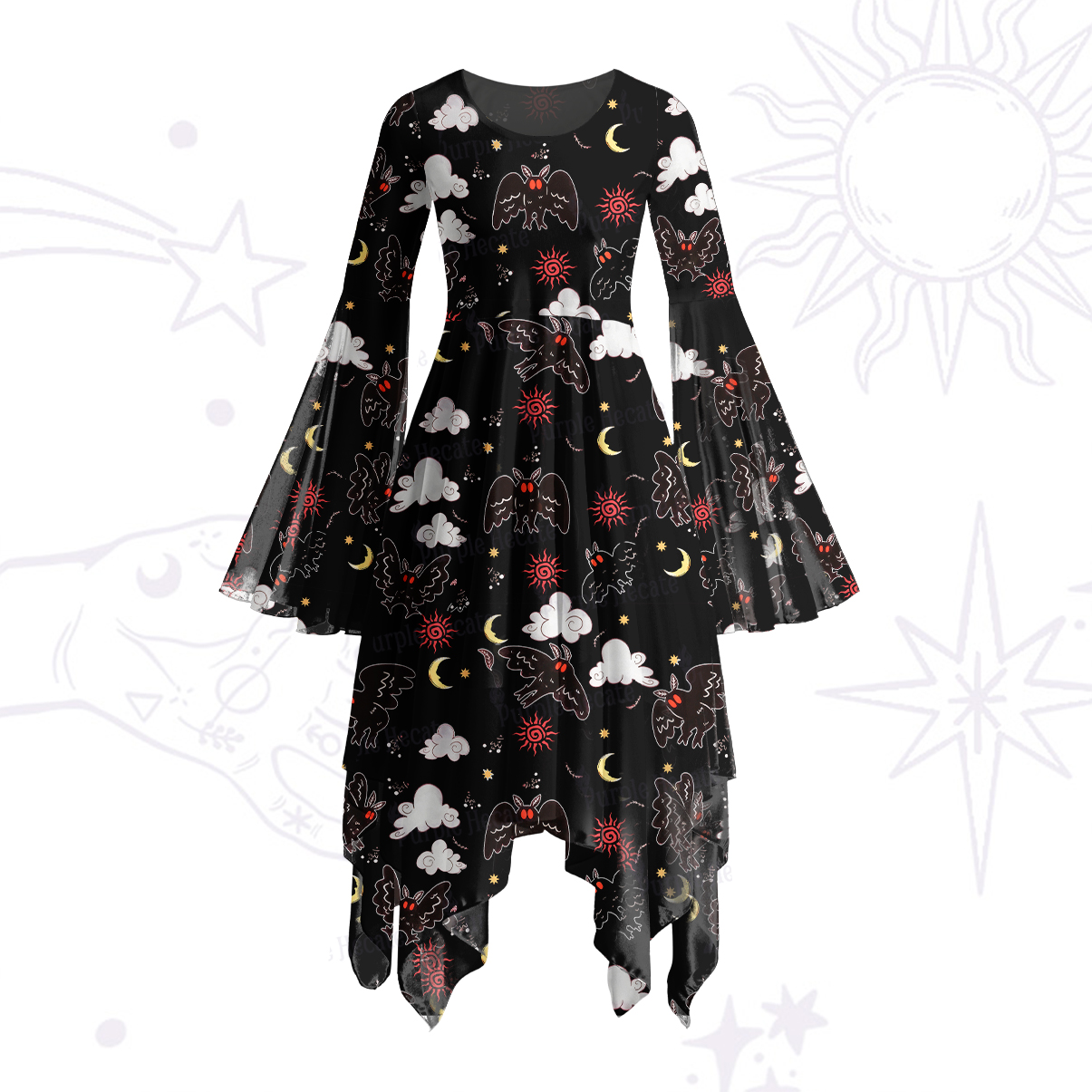 Purplehecate Cryptid Mothman Bell Sleeve Dress