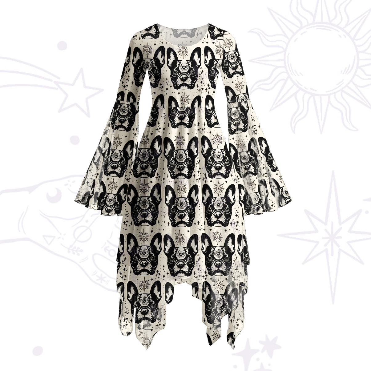 Purplehecate Mystic Boston Terrier Bell Sleeve Dress
