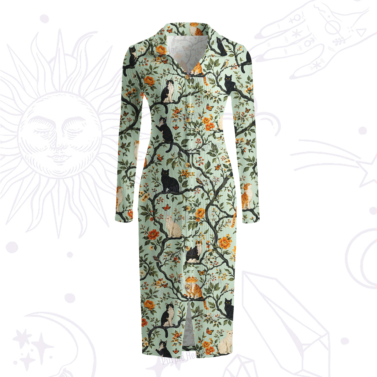 Purplehecate Enchanted Cat Grove Ribbed Knit Dress
