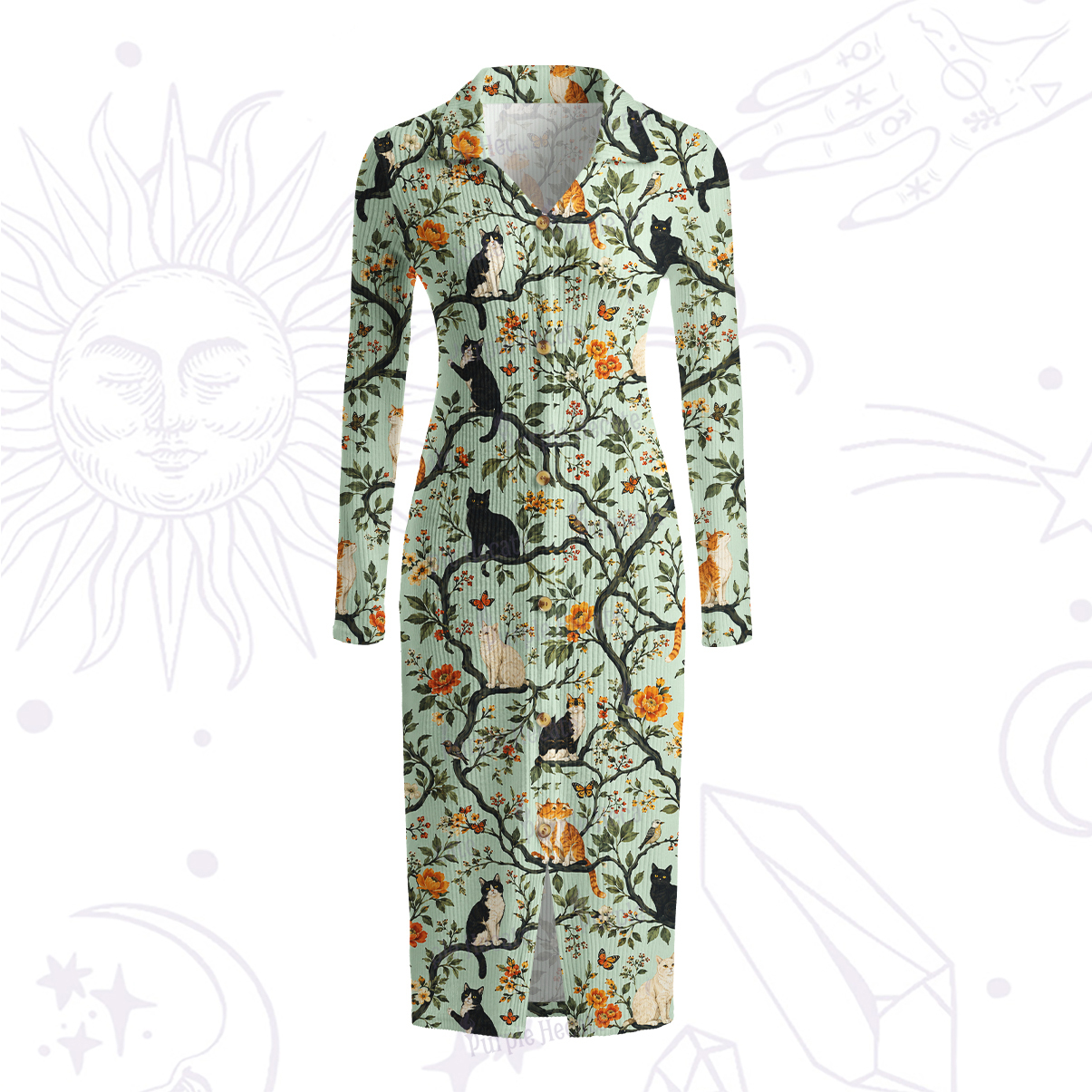 Purplehecate Enchanted Cat Grove Ribbed Knit Dress
