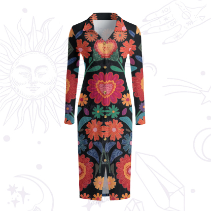 Purplehecate Retro Bloom Folk Floral Ribbed Knit Dress