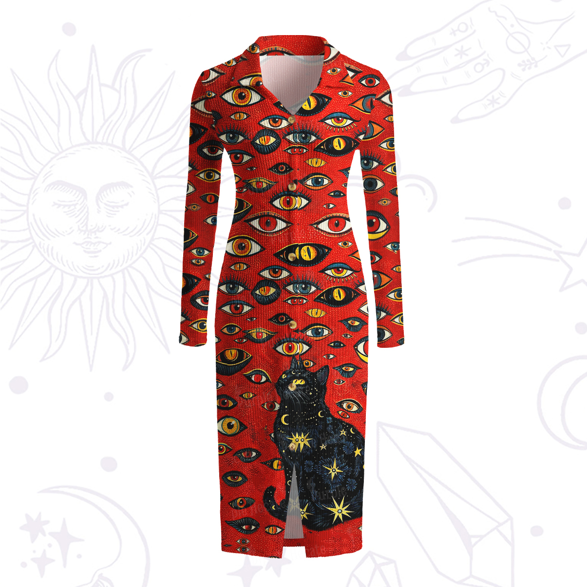 Purplehecate Cosmic Watcher Cat Ribbed Knit Dress