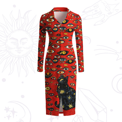 Purplehecate Cosmic Watcher Cat Ribbed Knit Dress
