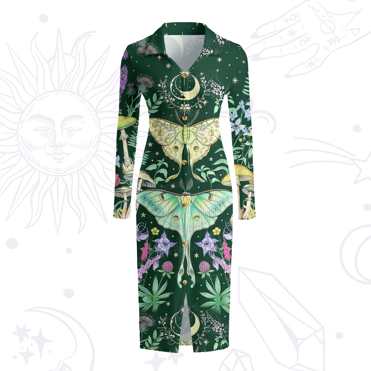 Purplehecate Mystic Lunar Moth Herbal Forest Ribbed Knit Dress