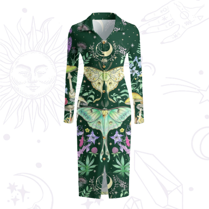 Purplehecate Mystic Lunar Moth Herbal Forest Ribbed Knit Dress