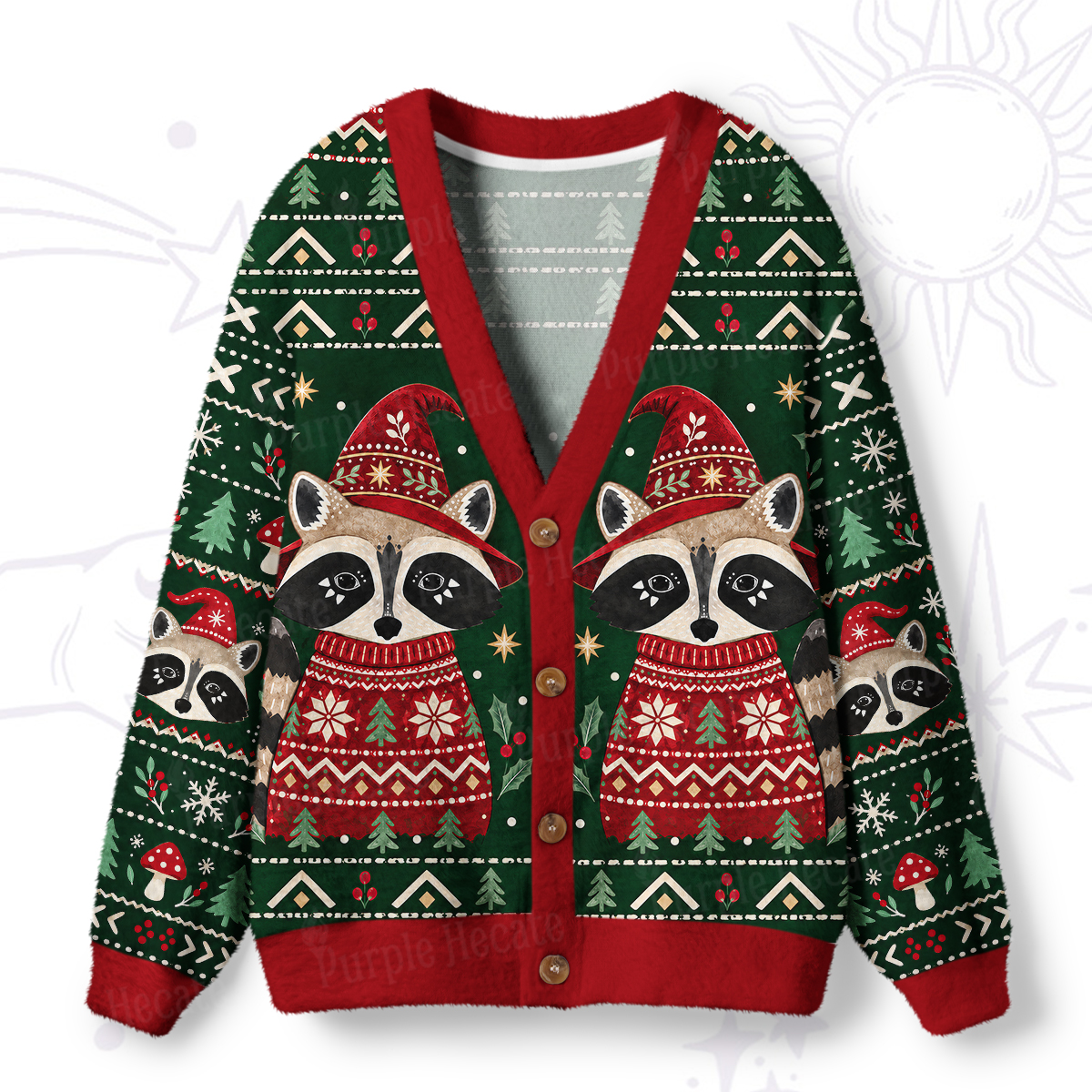 Purplehecate Forest Christmas Raccoon Ugly Cardigan Sweaters