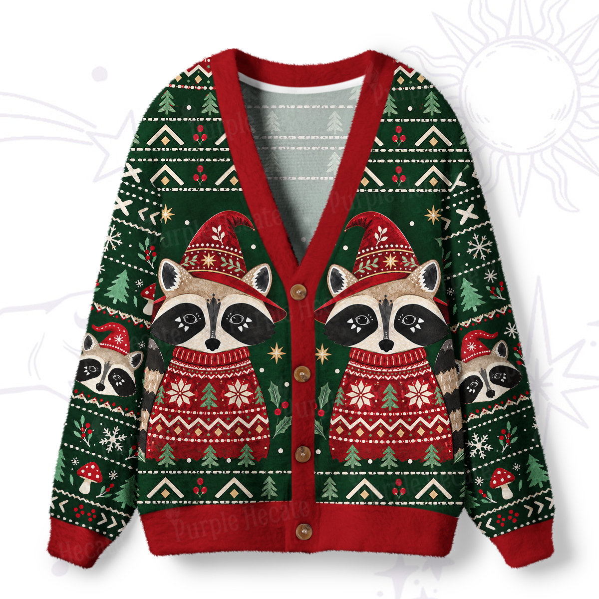 Purplehecate Forest Christmas Raccoon Ugly Cardigan Sweaters