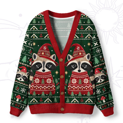 Purplehecate Forest Christmas Raccoon Ugly Cardigan Sweaters
