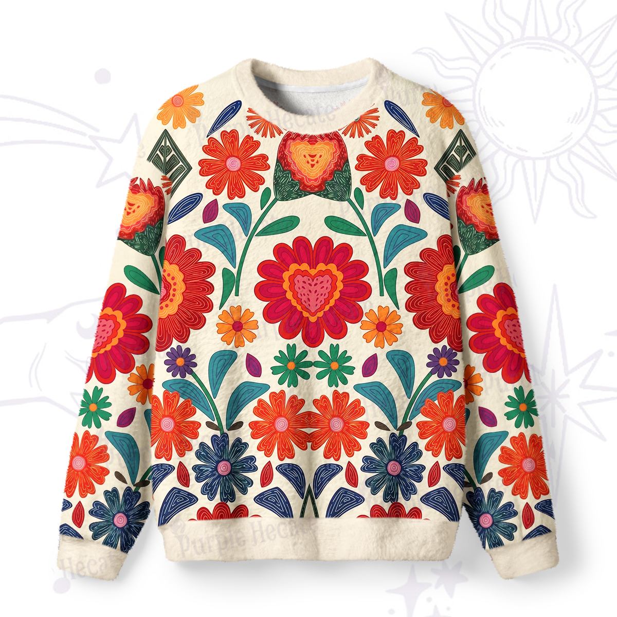 Purplehecate Retro Bloom Folk Floral Fuzzy Ugly Sweatshirt