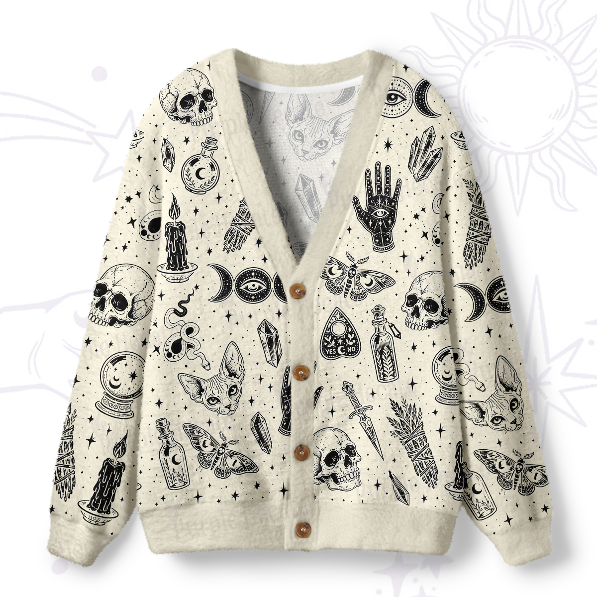 Purplehecate Gothic Mystic Cat & Skull Print Ugly Cardigan Sweaters