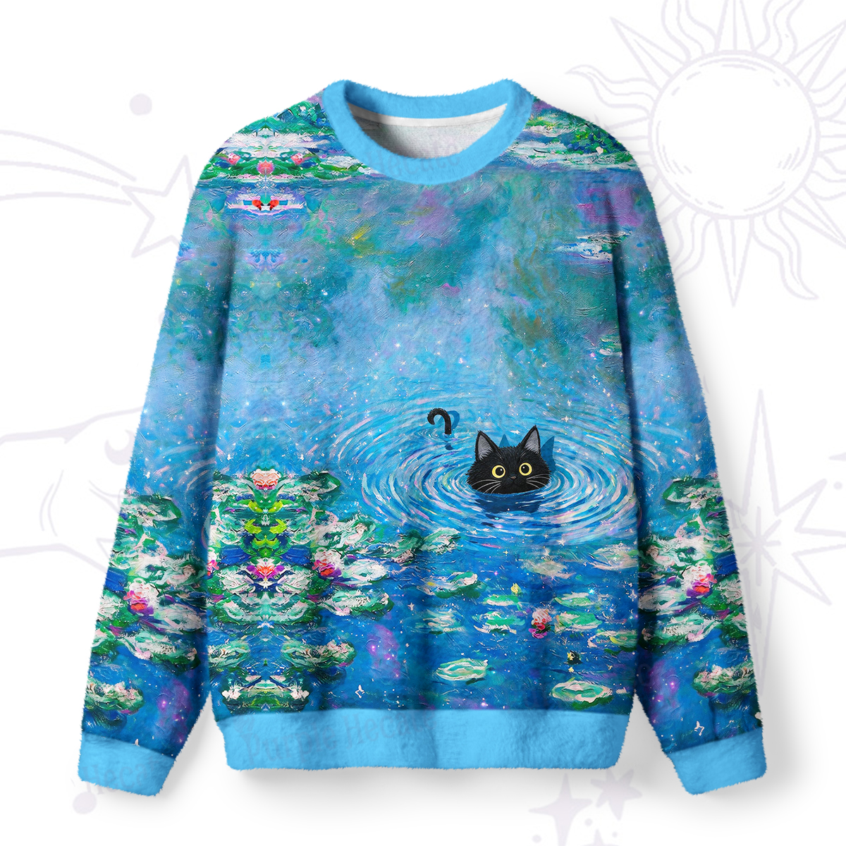 Purplehecate Black Cat in the Water Lilies Fuzzy Ugly Sweatshirt
