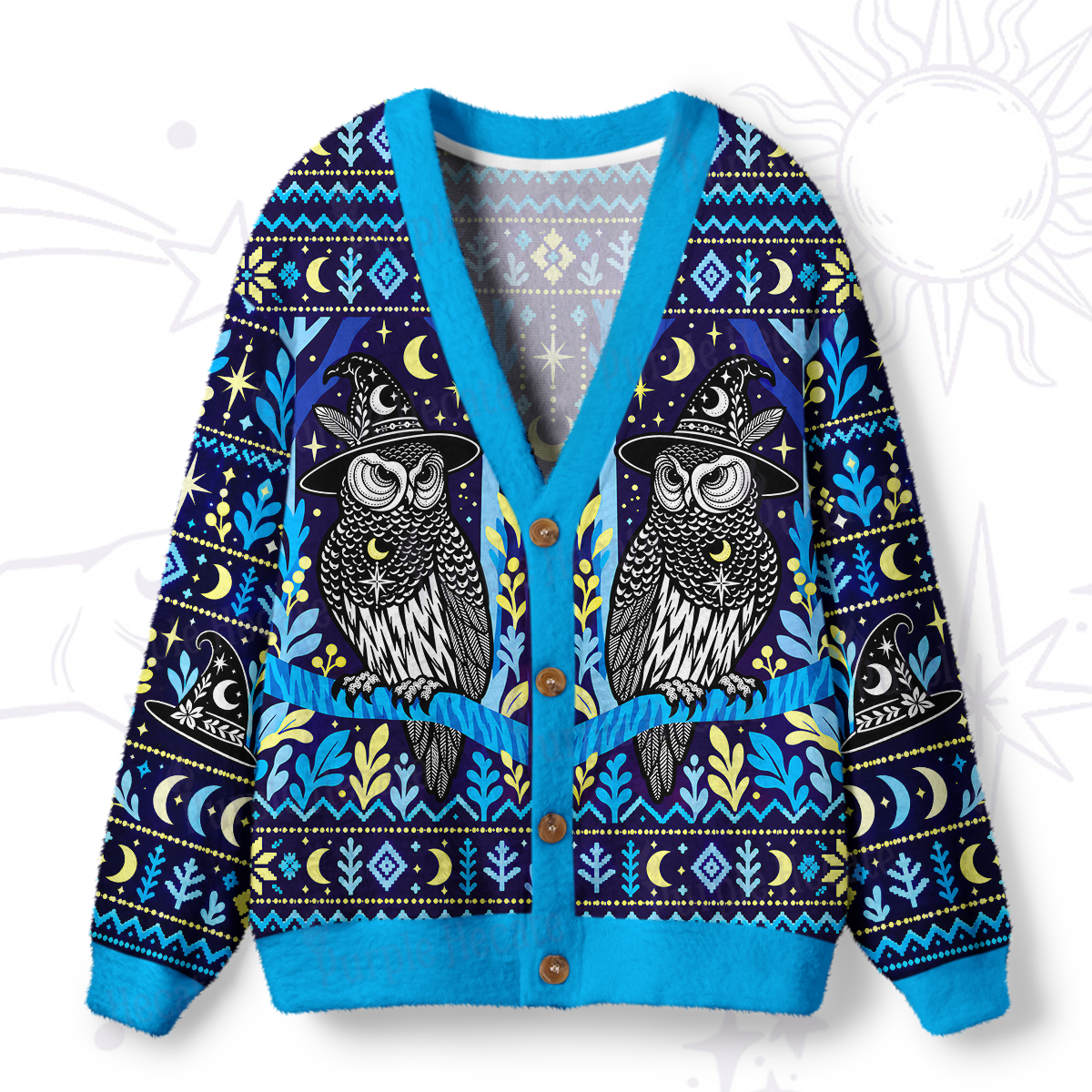 Purplehecate Mystic Owl Moonlit Forest Ugly Cardigan Sweaters