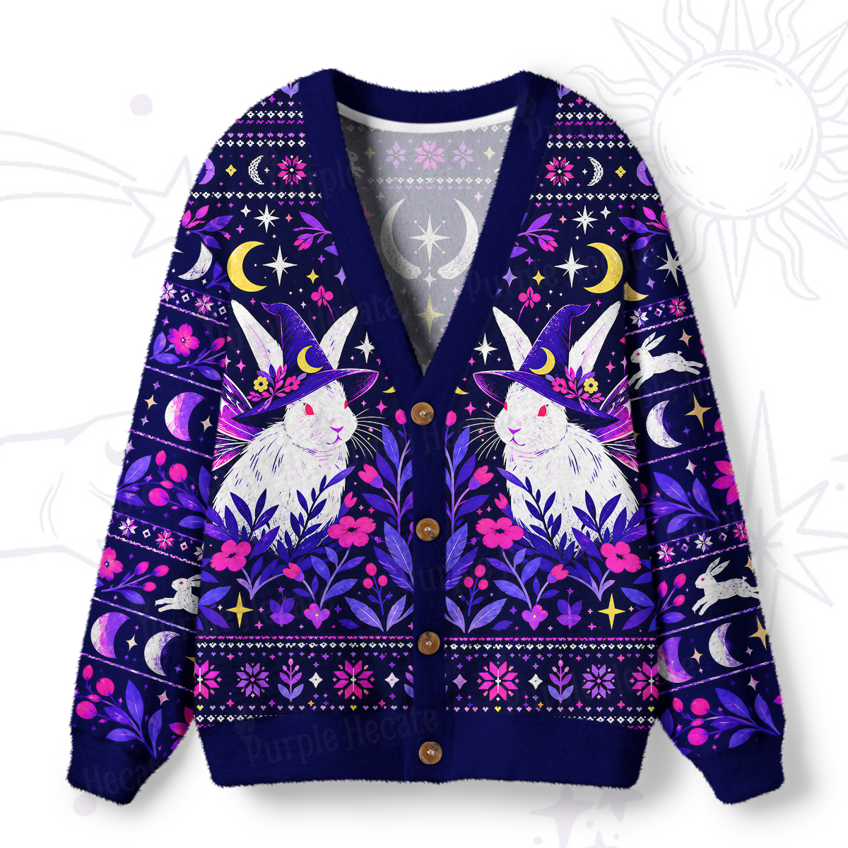 Purplehecate Moonlit Magic Rabbit Ugly Cardigan Sweaters