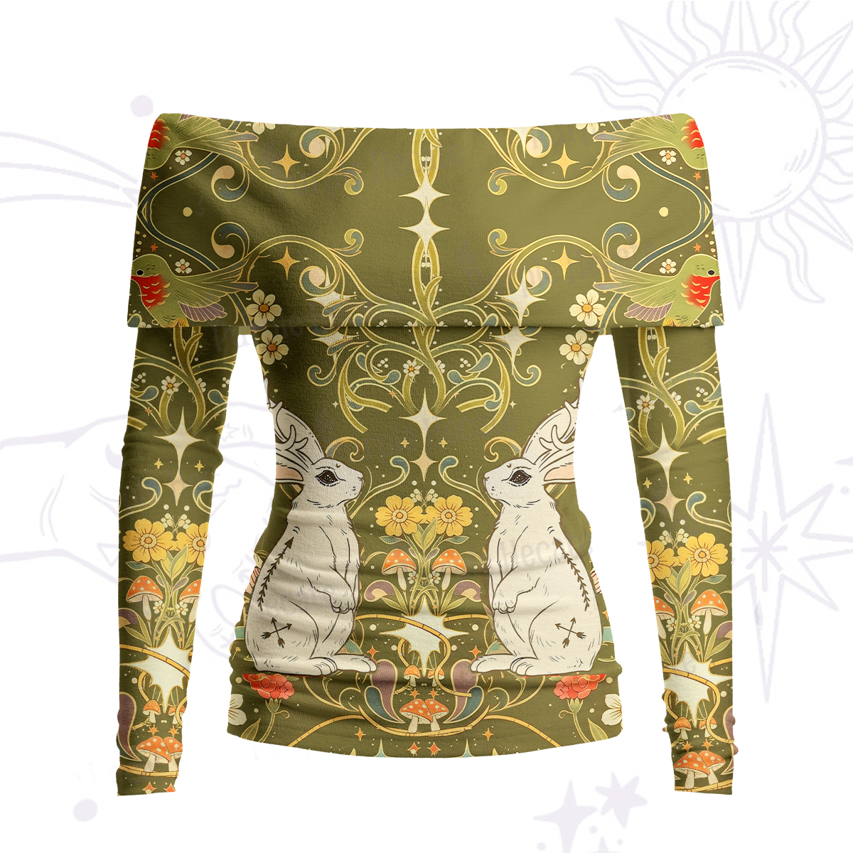 Purplehecate Antlered White Rabbit Secret Forest Off Shoulder Long Sleeve Knit Top
