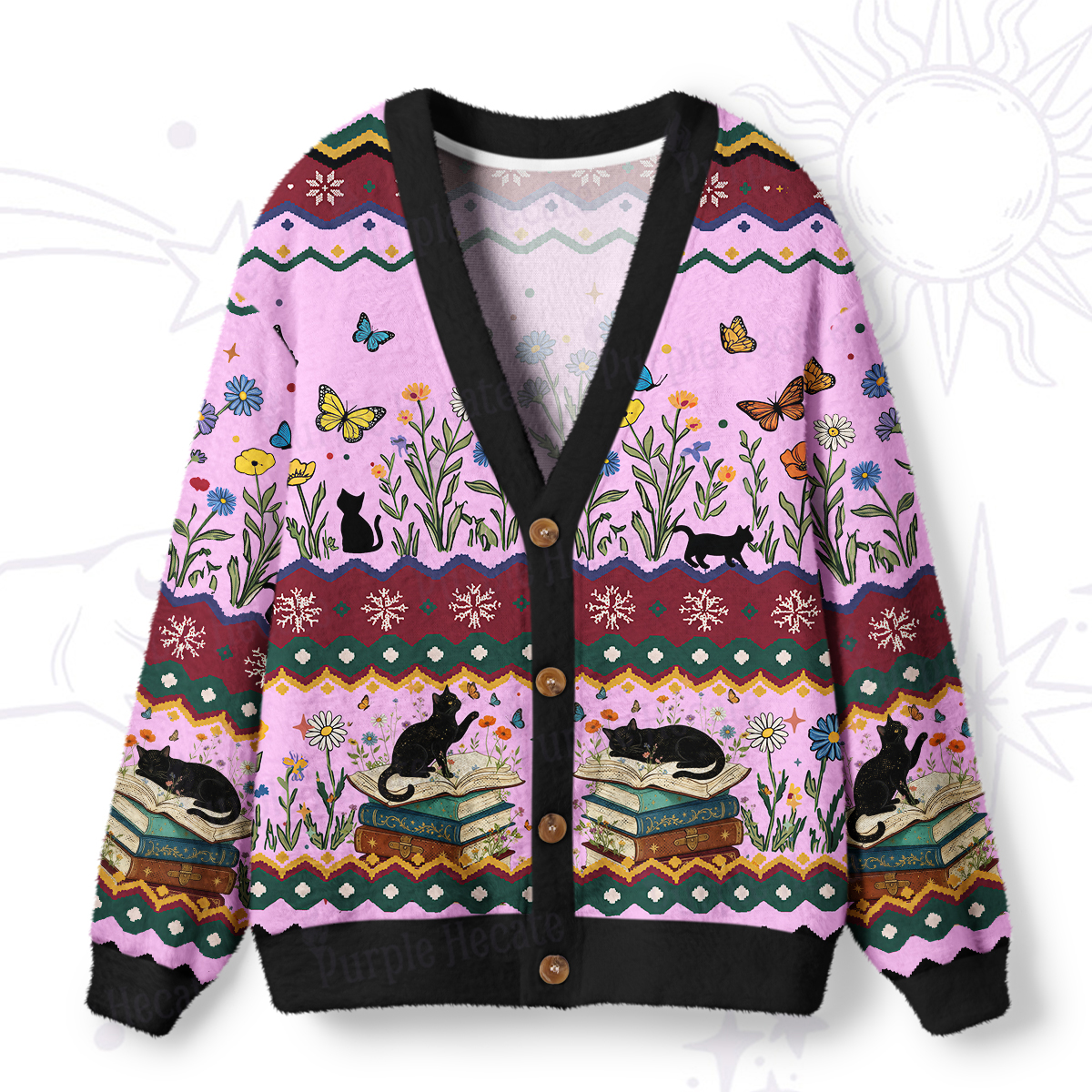 Purplehecate Easily Distracted By Cats And Books Ugly Cardigan Sweaters