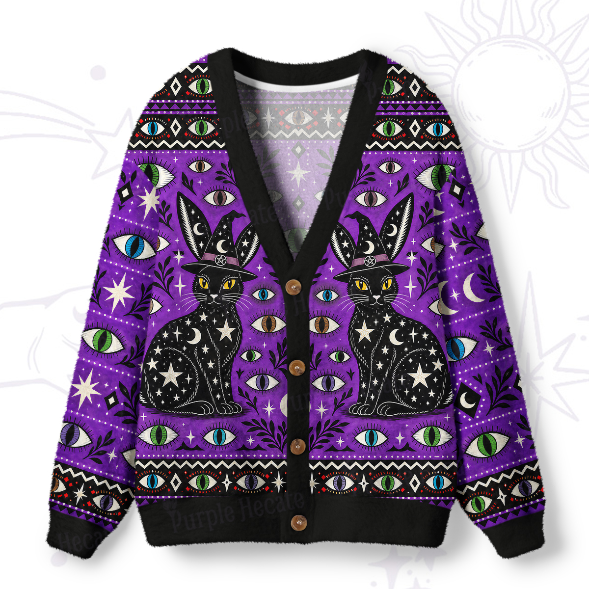 Purplehecate Visionary Eyes & Astrological Black Bunny Ugly Cardigan Sweaters