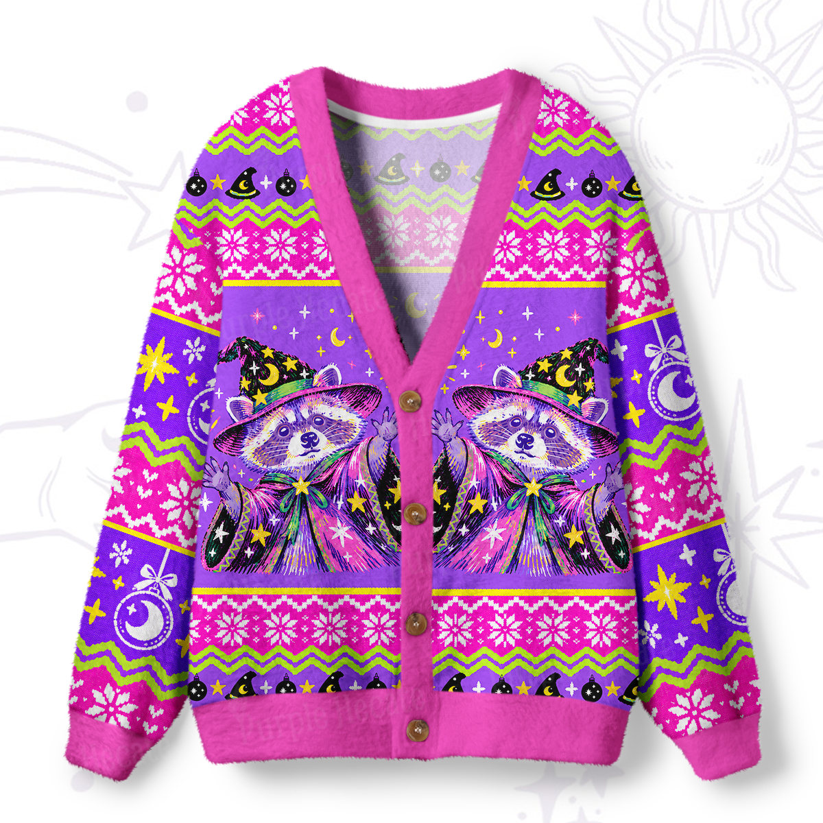 Purplehecate Magic Rainbow Magician Raccoon Ugly Cardigan Sweaters