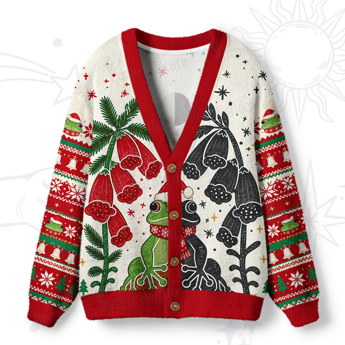Purplehecate Dual-Tone Frog Garden Christmas Ugly Cardigan Sweaters