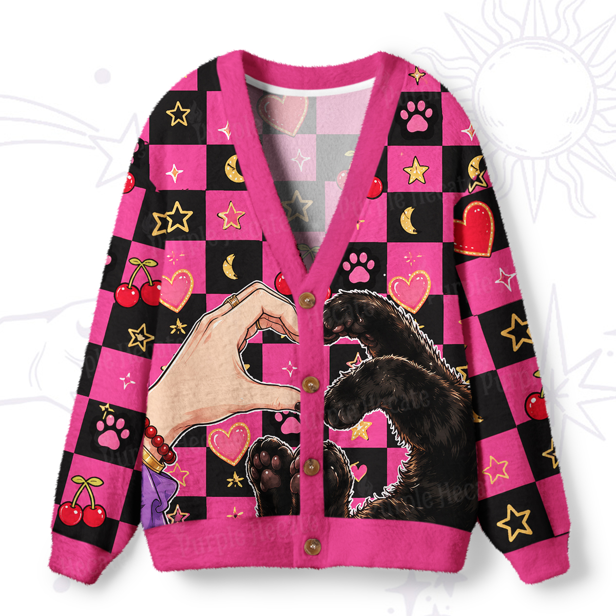 Purplehecate Cat Paw Heart Ugly Cardigan Sweaters