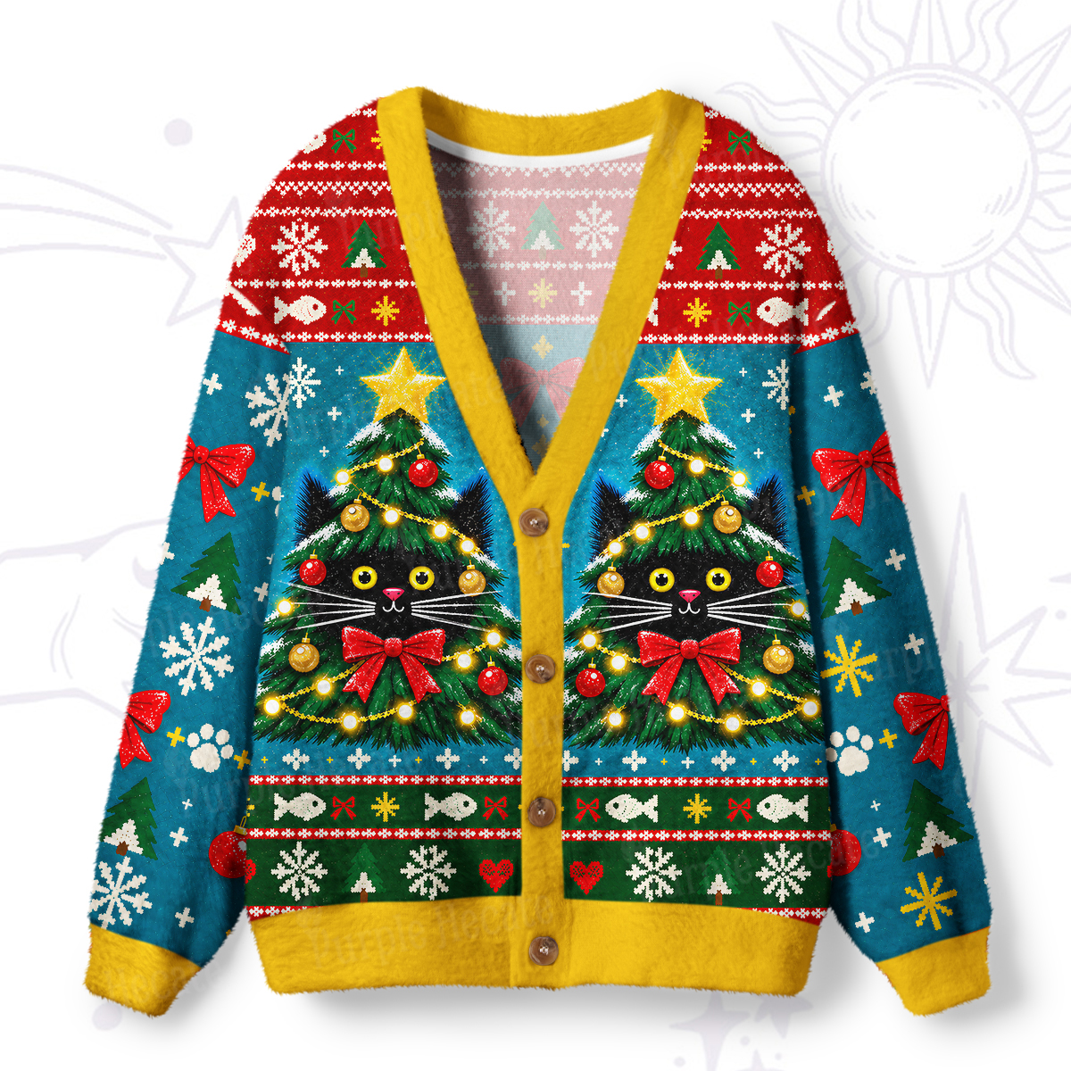 Purplehecate Meowy Catmas Christmas Tree Ugly Cardigan Sweaters