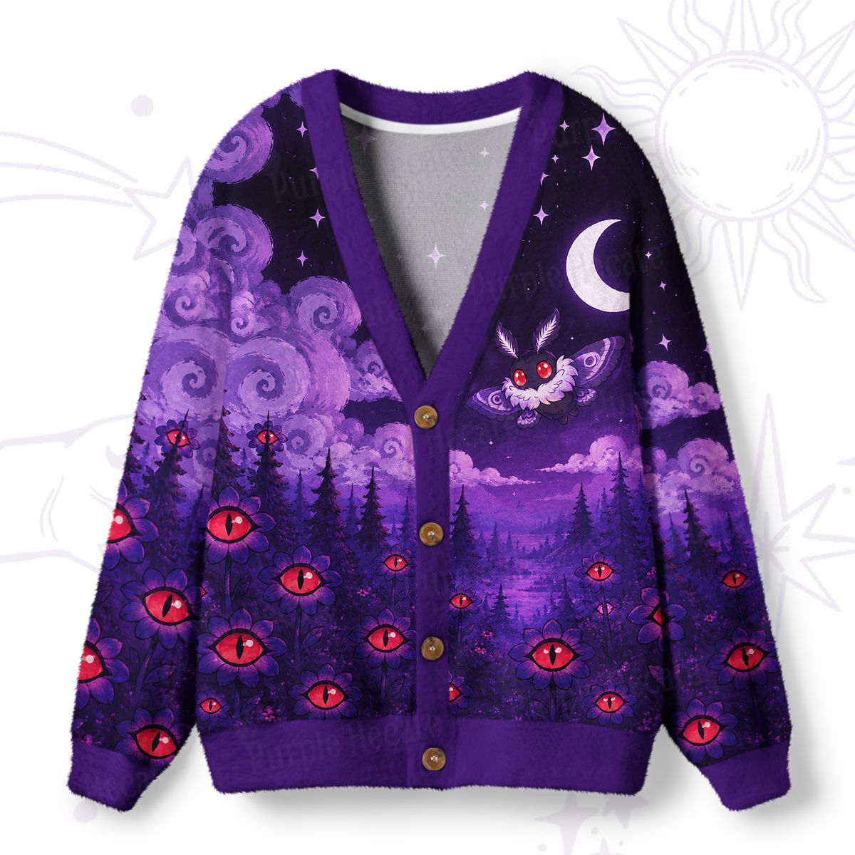 Purplehecate Mothman in the Mystic Eyebloom Garden Ugly Cardigan Sweaters