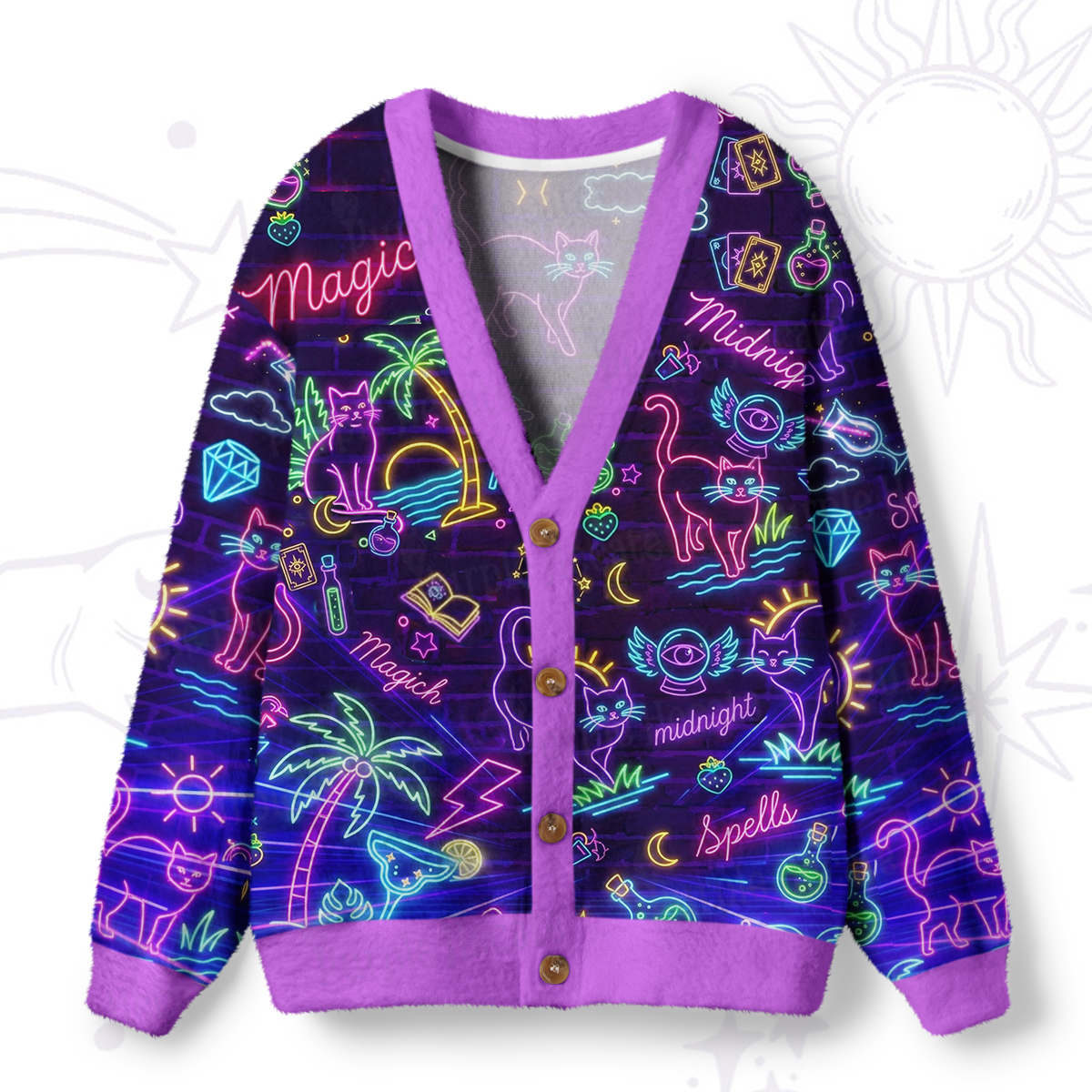 Purplehecate Neon Midnight Cat Magic Ugly Cardigan Sweaters