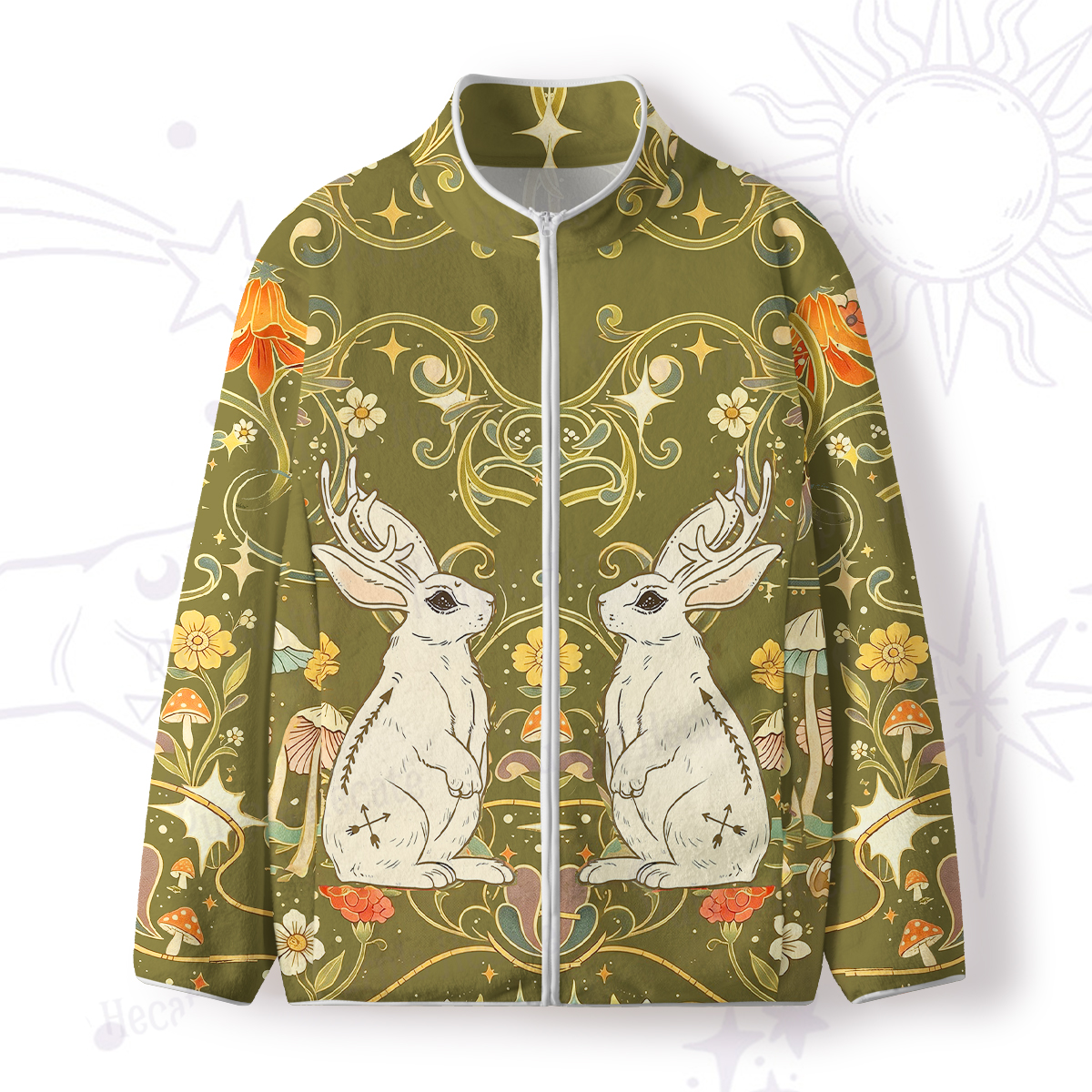 Purplehecate Antlered White Rabbit Secret Forest Zip Fleece Jacket