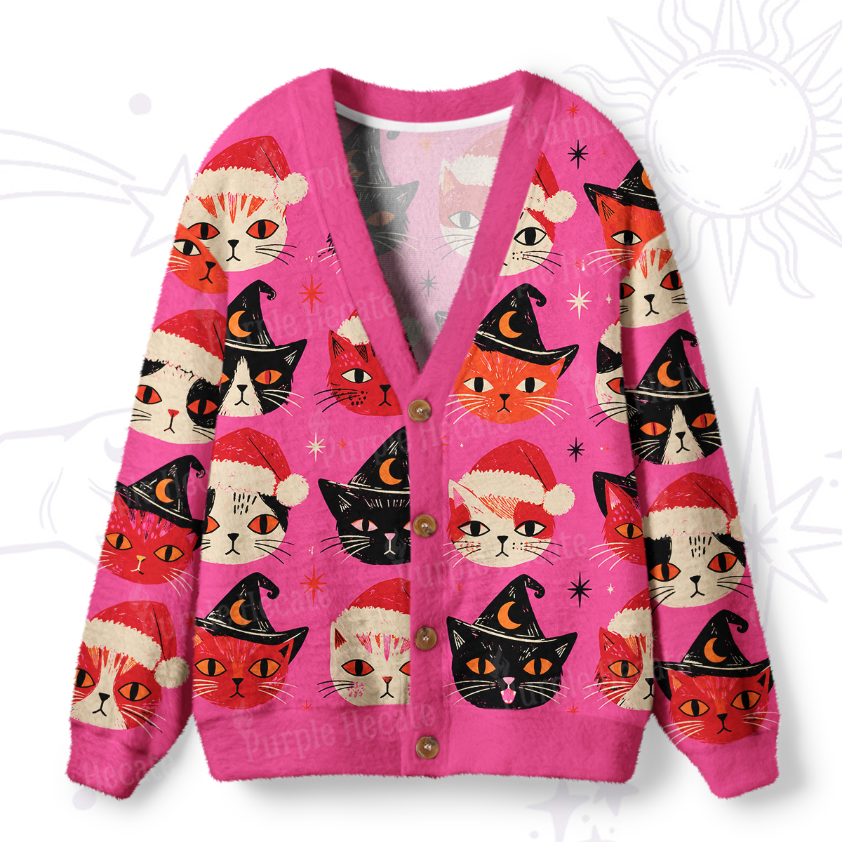 Purplehecate Witchy Christmas Cats Ugly Cardigan Sweaters